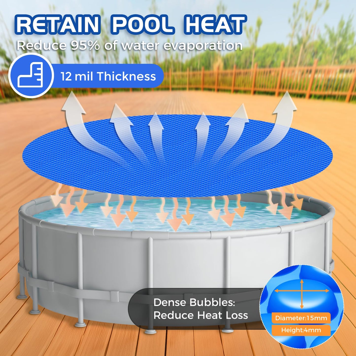 Evoio Solar Pool Cover 8 ft Round for Above Ground Inground Pools Bubble Wrap Covers Hot Tub Spa Thermal Heating, 12 Mil Circle Blue Floating Blanket for 6-24 Foot Feet Diameter Swimming Pools