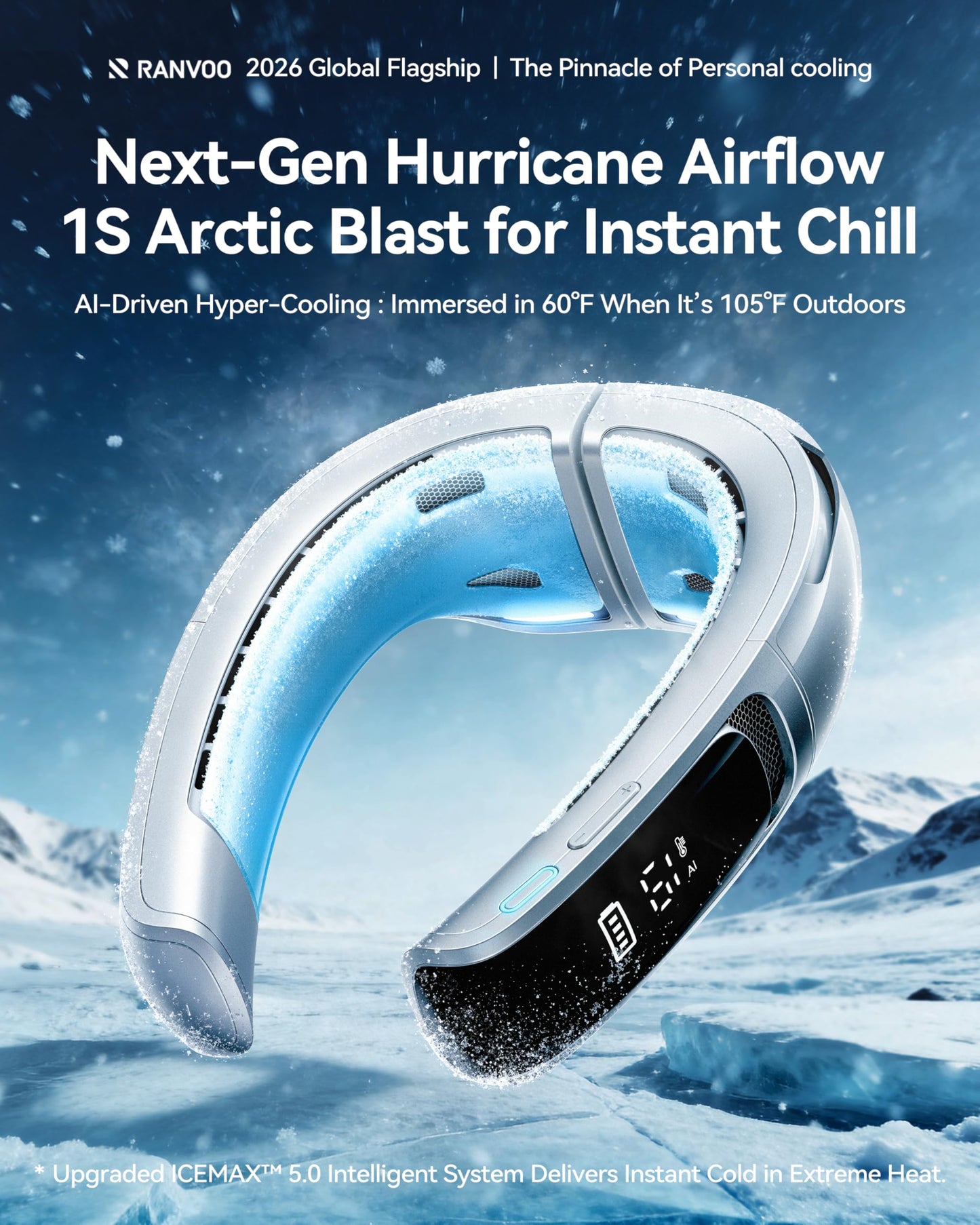 RANVOO AICE LITE MAX 2026 Real AC Cold Blast [No.1 Coolest & Most Durable] AI Neck Air Conditioner, Best Immersive Neck Cooler, 6000 mAh Rechargeable Neck Fan Blow Cold Air, Summer Gift for Mom Silver