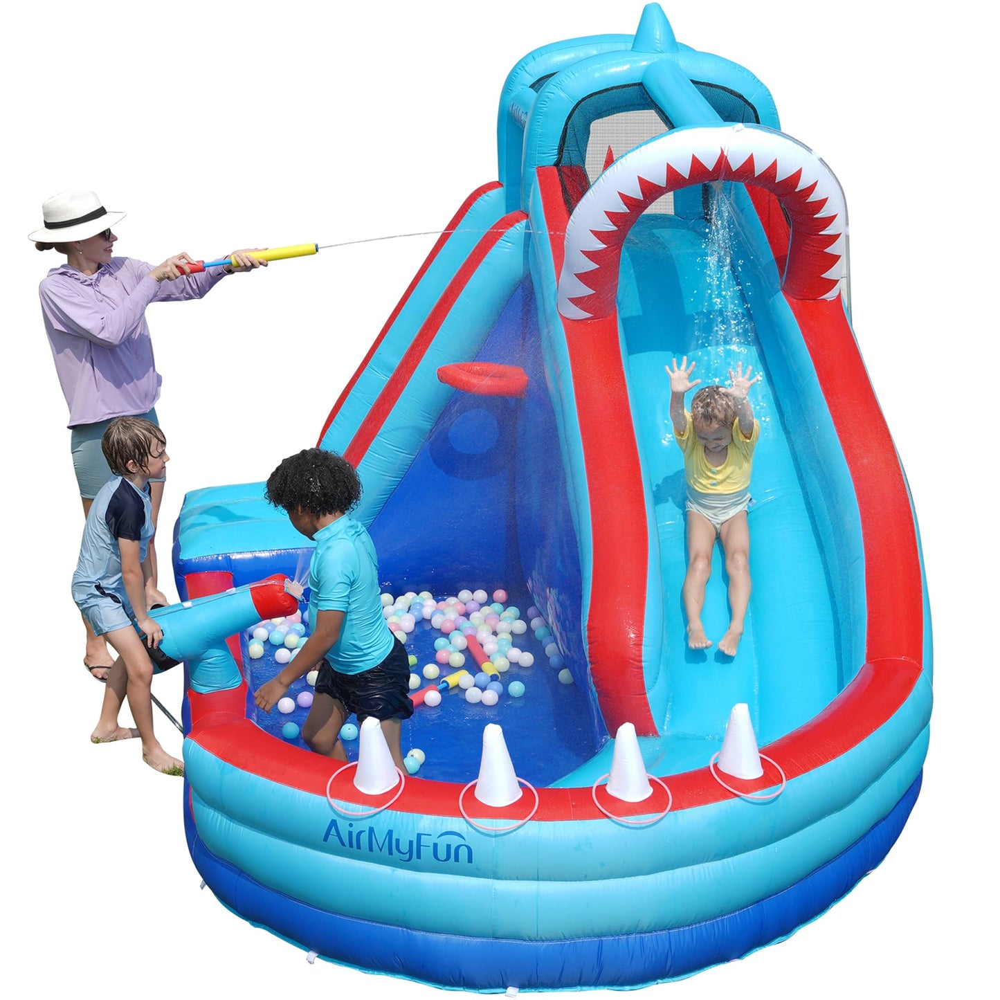 AirMyFun Bounce House, Sharks Theme Inflatable Bouncy House with Slide, Kids Bounce House Water Park with Slides Bouncer Castle with Splash Pool, Climbing Wall, Ball Shooting