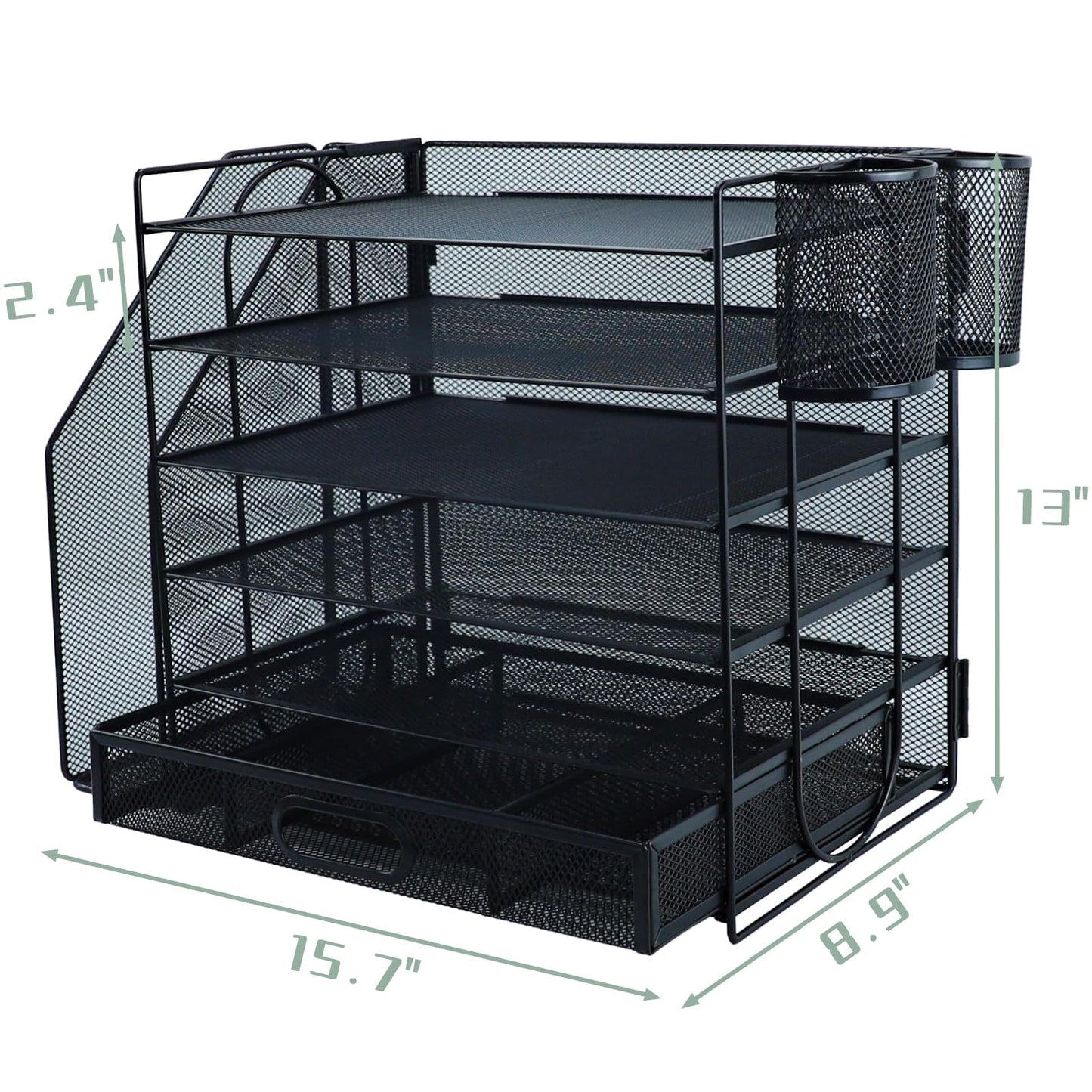 6 Tier Desk File Organiser with Extra Vertical File Sorter, Paper Letter Tray with Top Stationery Drawer Holder, A4 Paper Desktop Filing Trays, Magazine Document Holder for Home Office, Black