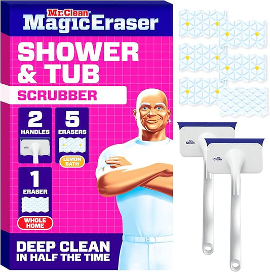 Mr. Clean Magic Eraser Shower & Tub Scrubber, Bathroom Cleaner, All in One Bathroom Cleaner, Lemon Starter Kit, 2 Scrubber, 5 Foaming Magic Erasers, 1 Whole Home Extra Durable Magic Eraser