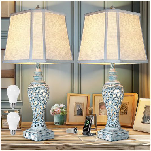 Table Lamp Bedside Lamps Set of 2, 28.5'' Luxsight Farmhouse Table Lamps for Bedroom, Lamps for Nightstands with Night Lights, with USB C+A Ports, Rustic Lamp for Living Room, Bulb Included