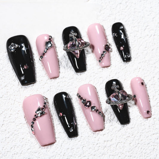 Sun&Beam Nails Handmade Press-on Medium Long Coffin Ballerina Pink Black Y2K Trendy Minimalist Design Fashion False Nail Tips 10 Pcs Set (#244 M)