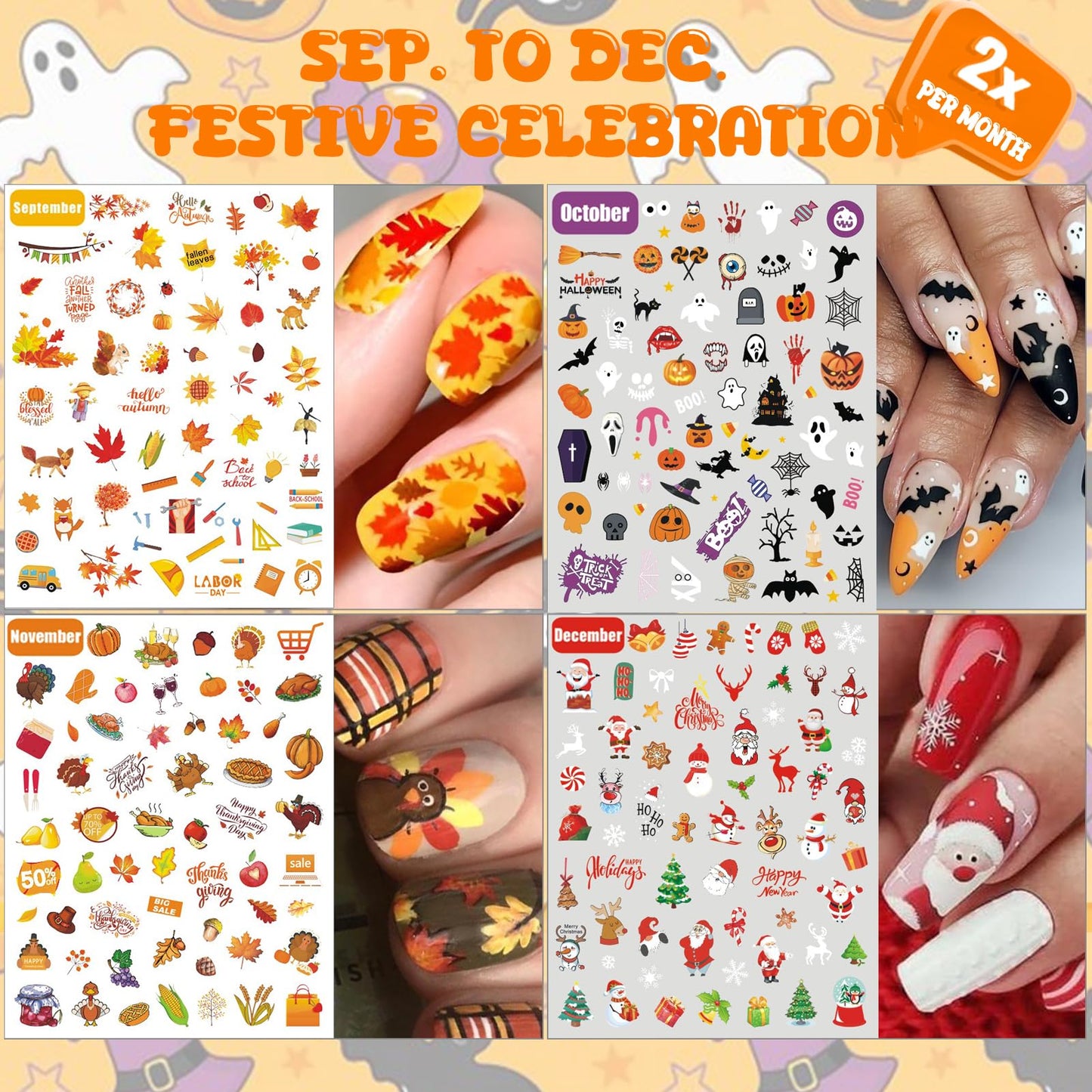 IDDFEVE 12 Months All Holiday Nail Stickers, 24 Sheets Seasonal Variety Pack 2 Pcs Per Month DIY Nail Art, Self-Adhesive Pegatinas Uñas for a Year of Halloween Christmas Thanksgiving&Valentine’s Day