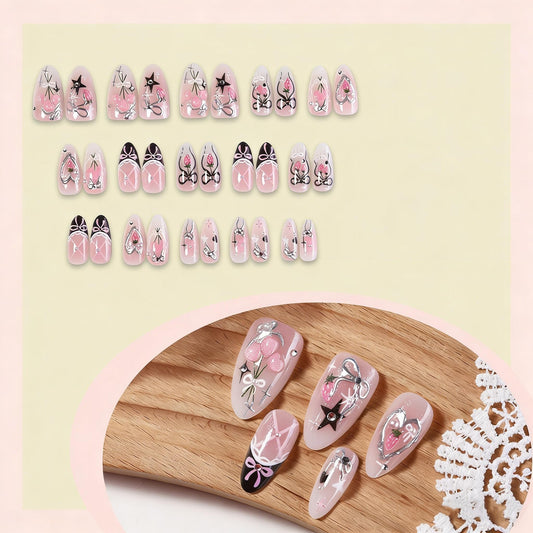 30Pcs French Tip Flower Press on Nails Medium Almond Glossy Acrylic Fake Nails with Bow Pearl Rhinestones Designs 3D Floral False Nails Pink Strawberry Cute Five-Pointed Star Nails Set for Women DIY