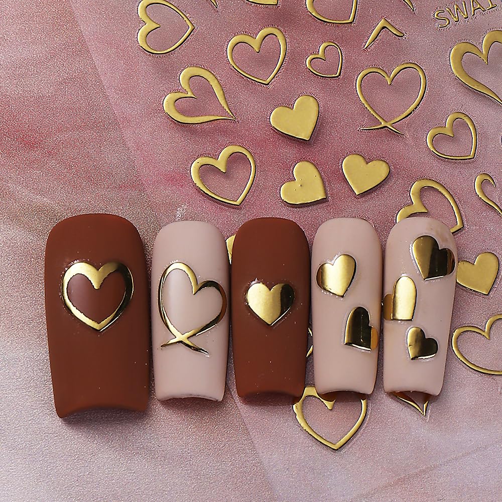 Heart Nail Art Stickers Valentine's Day Nail Decals 6PCS Empty Love Heart 3D Self-Adhesive Valentine Nail Art Decorations Supplies Red Silver Gold Heart Stickers for Nails Women Manicure Design