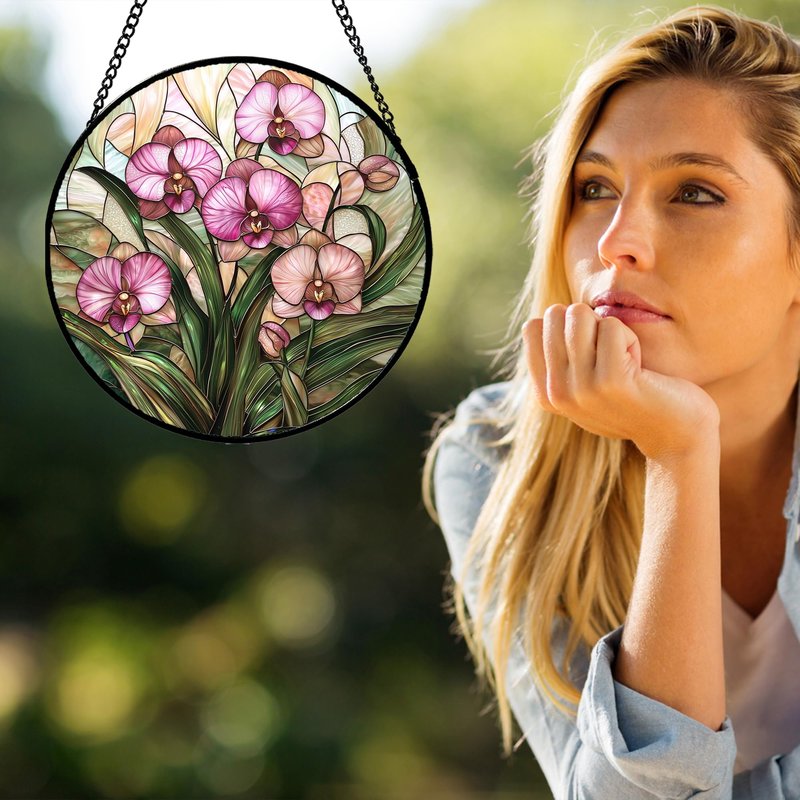 AMDERVEN Stained Glass Window Hanging - Pink Phalaenopsis Orchid Green Leaves Sun Catcher for Door Home Decor Flower Suncatcher Christmas Mother's Day Birthday Gifts for Women Men Mom Nana 7.8 in