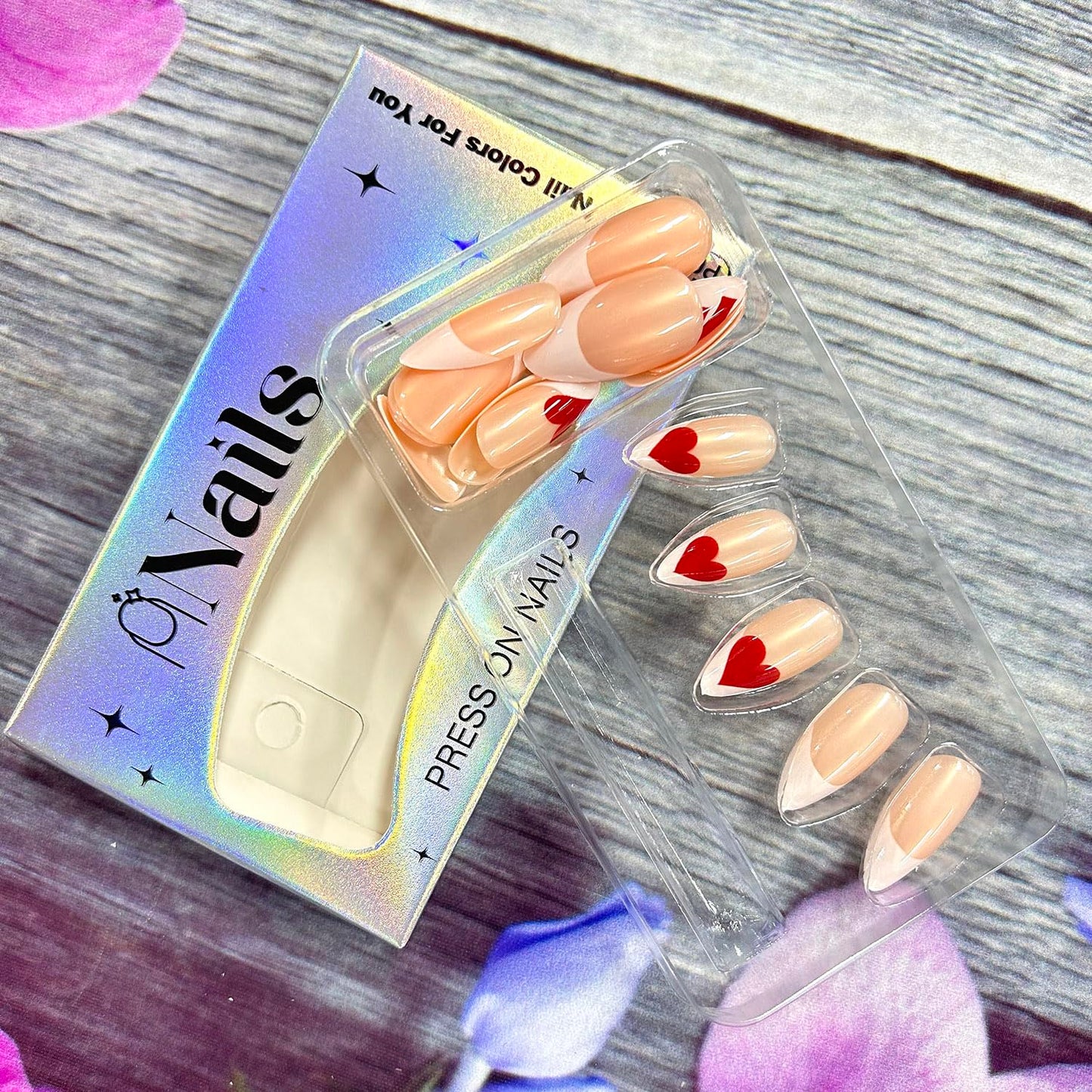 Valentine's Press on Nails Medium Red Love Heart Design Full Cover Glossy Fake Nails White French Tip Press on Nails Almond Shaped Artificial Acrylic Nails Full Cover Stick on Nails for Women