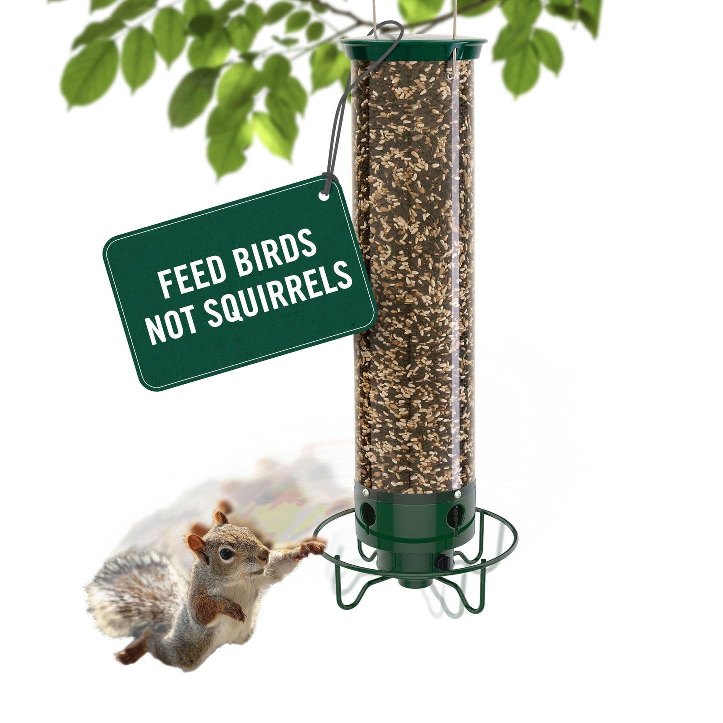 Droll Yankees Squirrel Proof Bird Feeder for Outdoors â Rechargeable Weight-Activated Rotating Perch, 5lb Seed Capacity, Metal Base, UV-Stabilized Seed Tube, Hanging Green Yankee Flipper, YF-M