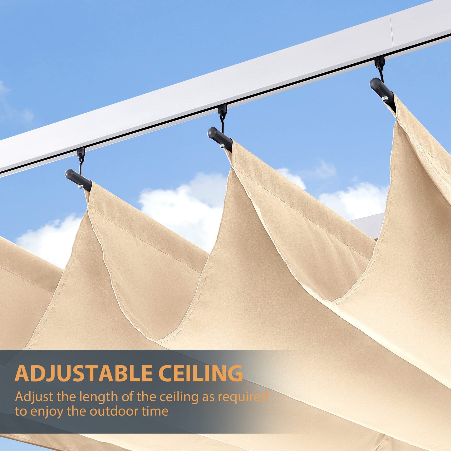 HAPPATIO 10' X 13' Outdoor Retractable Pergola Canopy with White Frame for Backyards, Gardens, Patio Pergola with Sun Shade Canopy (Beige)