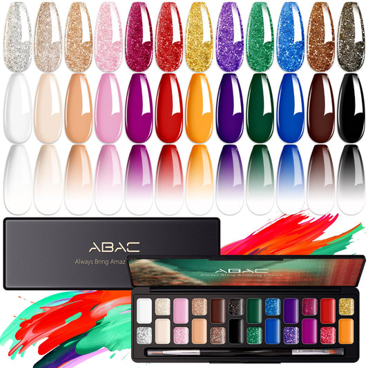 ABAC 24 Color Solid Gel Nail Polish,Ombre Gel Nail Polish,Pat Paint Nail Gel- Hema-Free No-Spill Formula w/Pro Brush Christmas NYE Party Nails,DIY Gift Set Clump-Free Shimmer