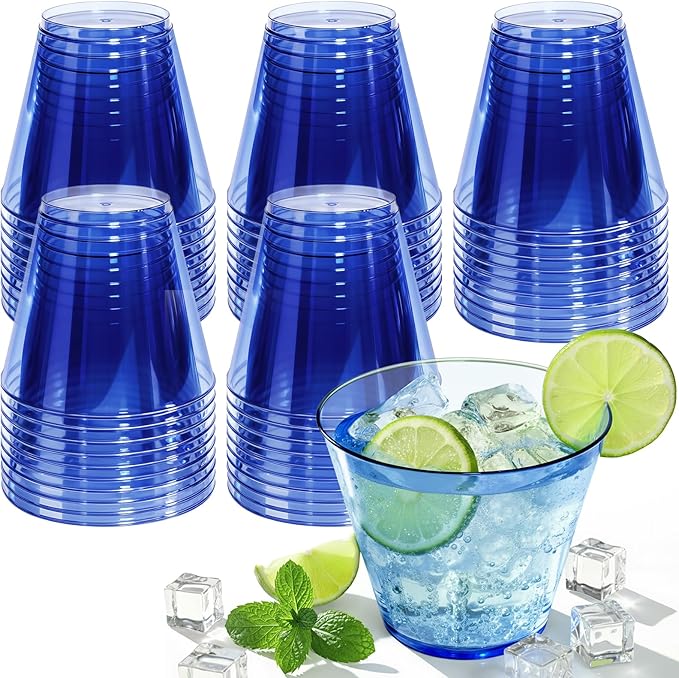 9 oz Clear Plastic Disposable Cups for Cocktail 150 Pack Fancy Cocktail Cup for Party Stemless Wine Glasses for Party Wedding Graduation Birthdayï¼Royal Blue