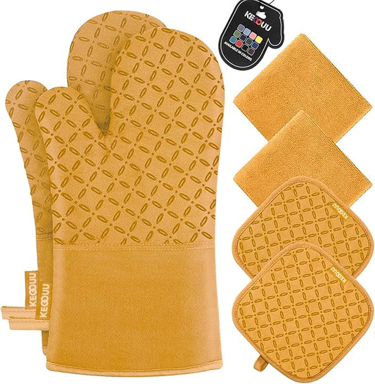 KEGOUU Oven Mitts and Pot Holders 6pcs Set, Kitchen Oven Glove High Heat Resistant 500 Degree Extra Long Oven Mitts and Potholder with Non-Slip Silicone Surface for Cooking ï¼Orangeï¼