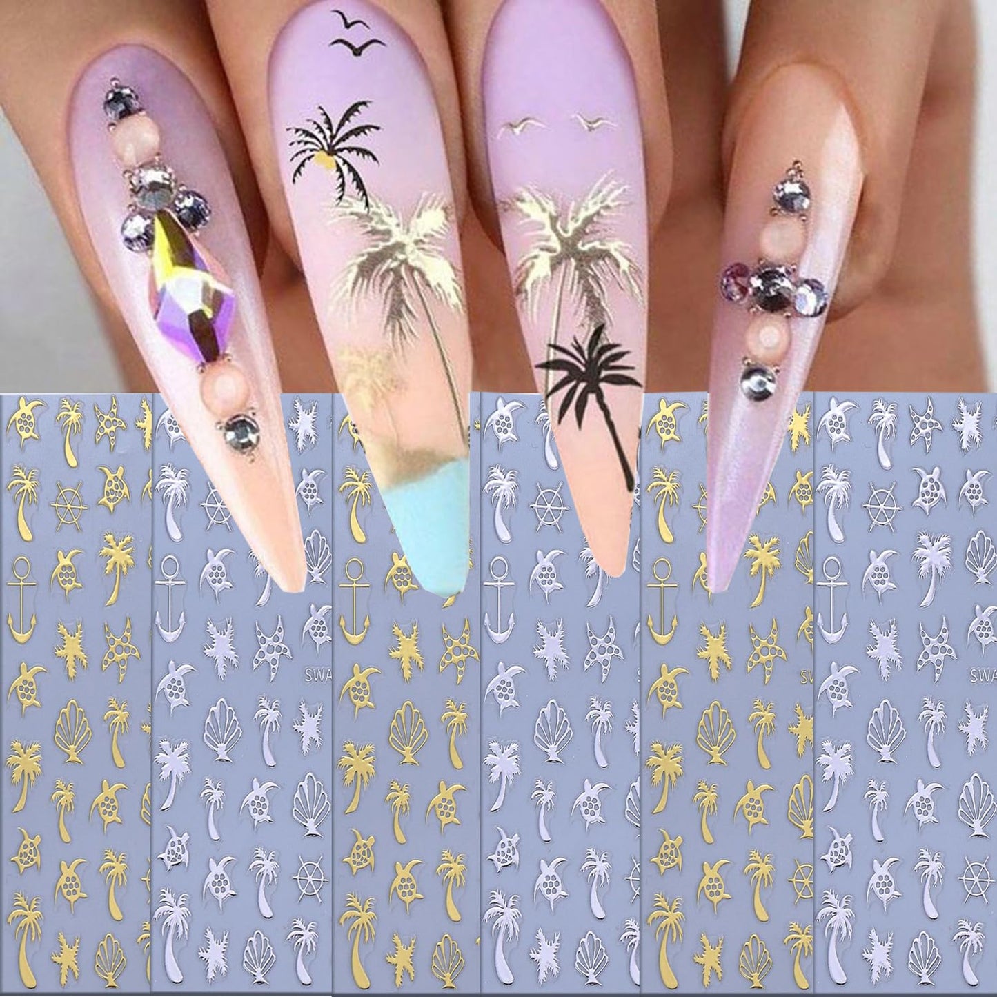 CJDLTS 6 Sheets Gold & Silver Ocean Nail Art Stickers 3D Self -Adhesive Coconut Tree Seashell Nail Decals Holographic Sea Turtles and Starfish Nails Stickers for Women Nails Decoration Supplies