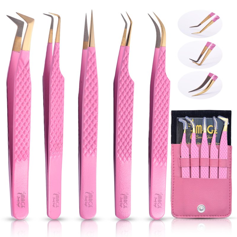 5 Pcs Fiber-Tip Japanese Steel Lash Tweezer Set with Leather Case, Professional Eyelash Tweezers for Lash Extensions – Titanium Coated, 90 & 45 Angled, Precision Pointed Tweezers (PINK)