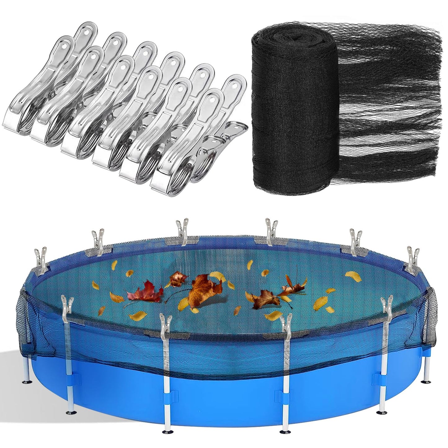 18 Feet Round Leaf Net Cover for Above Ground Pool, Mesh Cover with 12 Pcs Large Metal Clips，Pool Safety Net Fits 18FT Above Ground Pools, Keeps Leaves Out of Your Pool