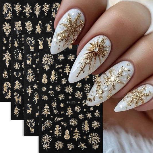 Christmas Gold Nail Art Stickers Cute Snowman Elk Christmas Trees Nail Decals Holographic 3D Self -Adhesive Golden Glitter Snowflake Nails Stickers Xmas Nails Decoration for Women Featival Manicure