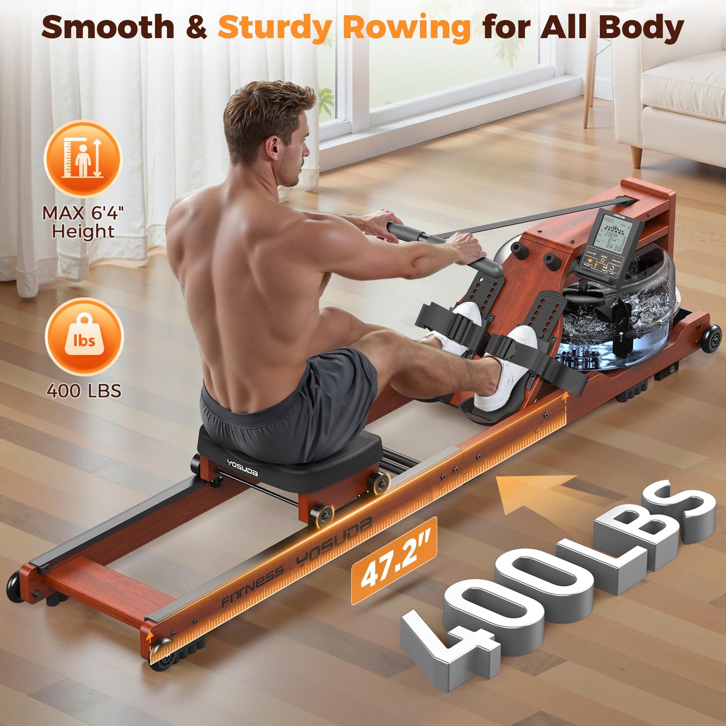 YOSUDA Water Rowing Machines for Home Use- Foldable Rower Machine 400LBS Weight Capacity with Dedicated Monitor & Bluetooth APP, Comfortable Seat