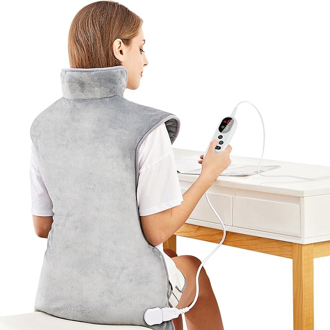 Mia&Coco Electric Heating Pad for Back Neck Shoulders Pain Relief, XL 23"x39" Soft Flannel Wrap, Waist Strap, Fast Heat Hot Therapy 6 Heat Settings, Auto-Off Timer, Machine Washable, Grey