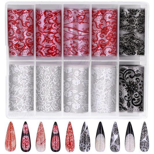 Lace Nail Foil Transfer Sheets, 10 Rolls Black White Red Flower Nail Art Transfer Foils Decals, Flower Nail Art Foils Decals Holographic Foils for Nails Manicure DIY (10 Rolls Red+Black+White)