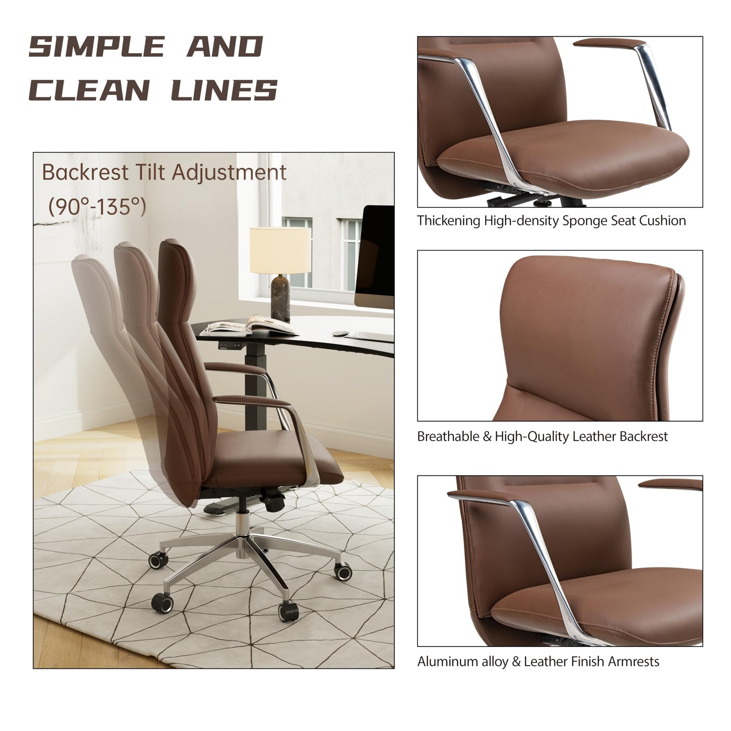 EUREKA ERGONOMIC Royal Slim Executive High Back Brown Leather Office Chair, Home Desk Chair for Adults, Big and Tall with Wheels, Swivel Rolling
