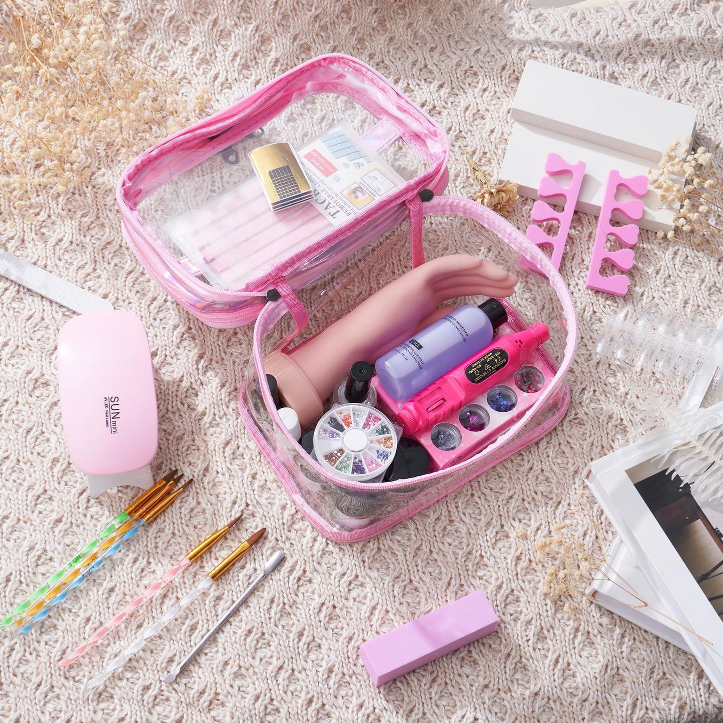 Nail Kit for Beginners with Everything: Practice Nail Hand Acrylic Set Professional Powder Liquid Starter Kits with Drill U/V Lamp in Cosmetic Gift Bag for Salon Home (Pink)