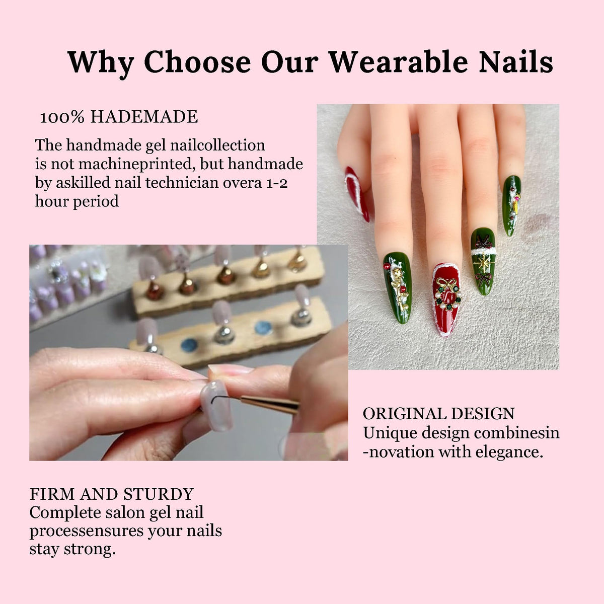 Handmade Press on Nails Medium Almond- Long Fake Nails,3D Unique Reusable ABS Material Fake Nails, Cartoon Snowflake Design False Nails (M, 001)