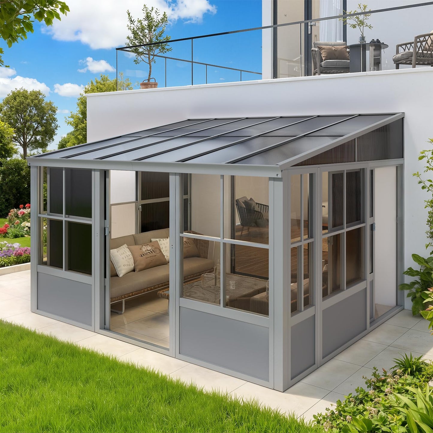 YOLENY 10x12 FT Wall Mounted Sunroom with Polycarbonate Sloping Roof, 3-Side Lockable Entrance & Removable PC Screen, Outdoor Permanent Sun Room Lean to Gazebo for Deck Patio, Grey