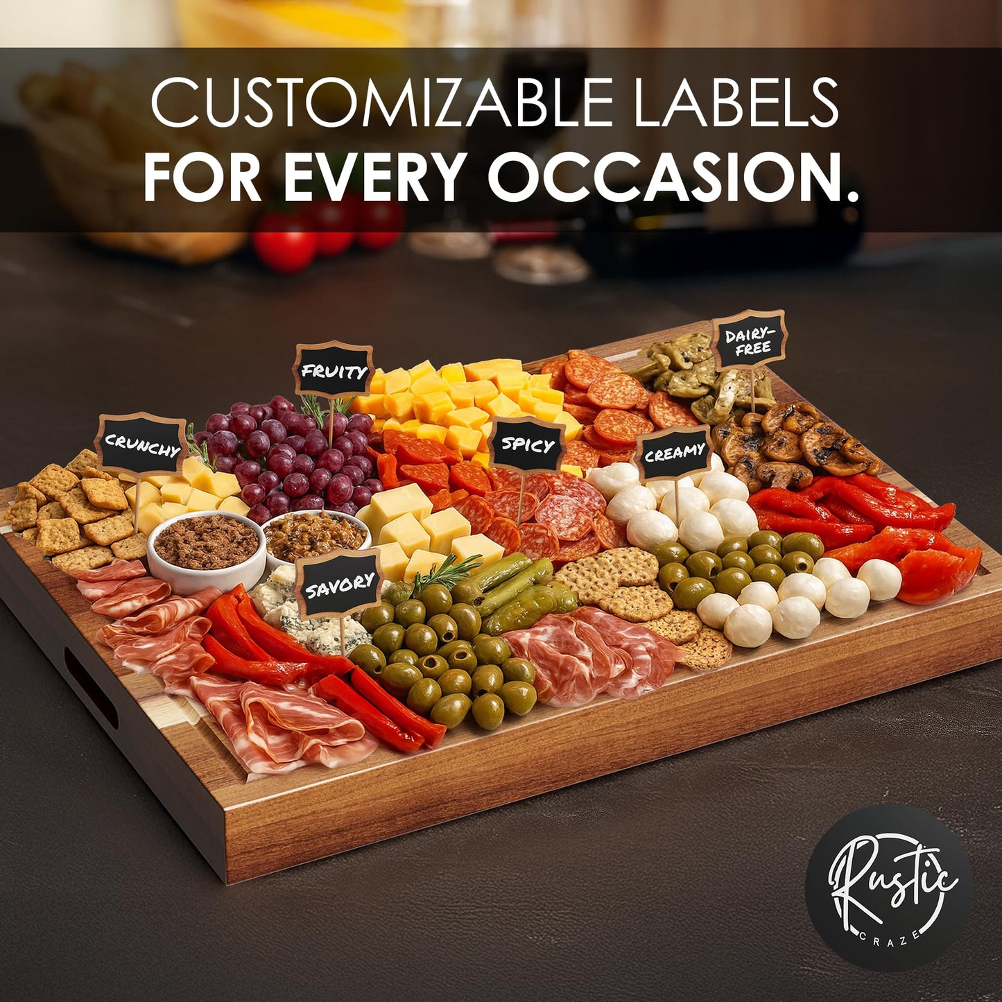 Rustic Craze 33"x 24" EXTRA LARGE Acacia Wood Cutting Board for Kitchen w/Juice Grooves, Tray Handles, Gift Box, Butcher Block, Serving & Charcuterie Tray, 10 Chalkboard Labels w/Chalk Pens