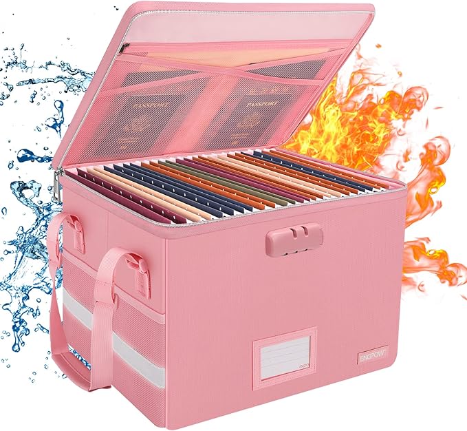 ENGPOW File Box with Lock, Fireproof Document Box with ZipperÃ¯Â¼ÂPockets, Collapsible File Organizer Filing Storage Cabinet with Handle, Portable Home Office Safe for Hanging Letter/Legal Folder, Pink