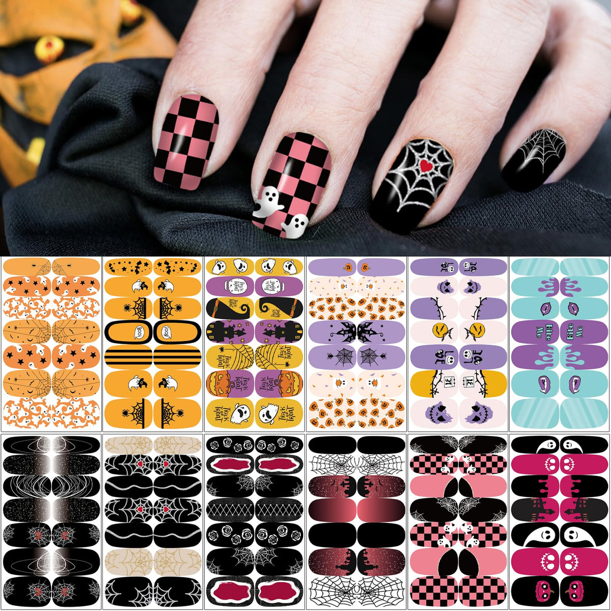 12 Sheets Halloween Nail Wraps Stickers, Nail Polish Strips DIY Self-Adhesive Full Glitter Nail Art Decals Pumpkin Bat Ghost Spider Skull Pattern with 2 Piece Nail Files for Party Decor (168 Pieces)