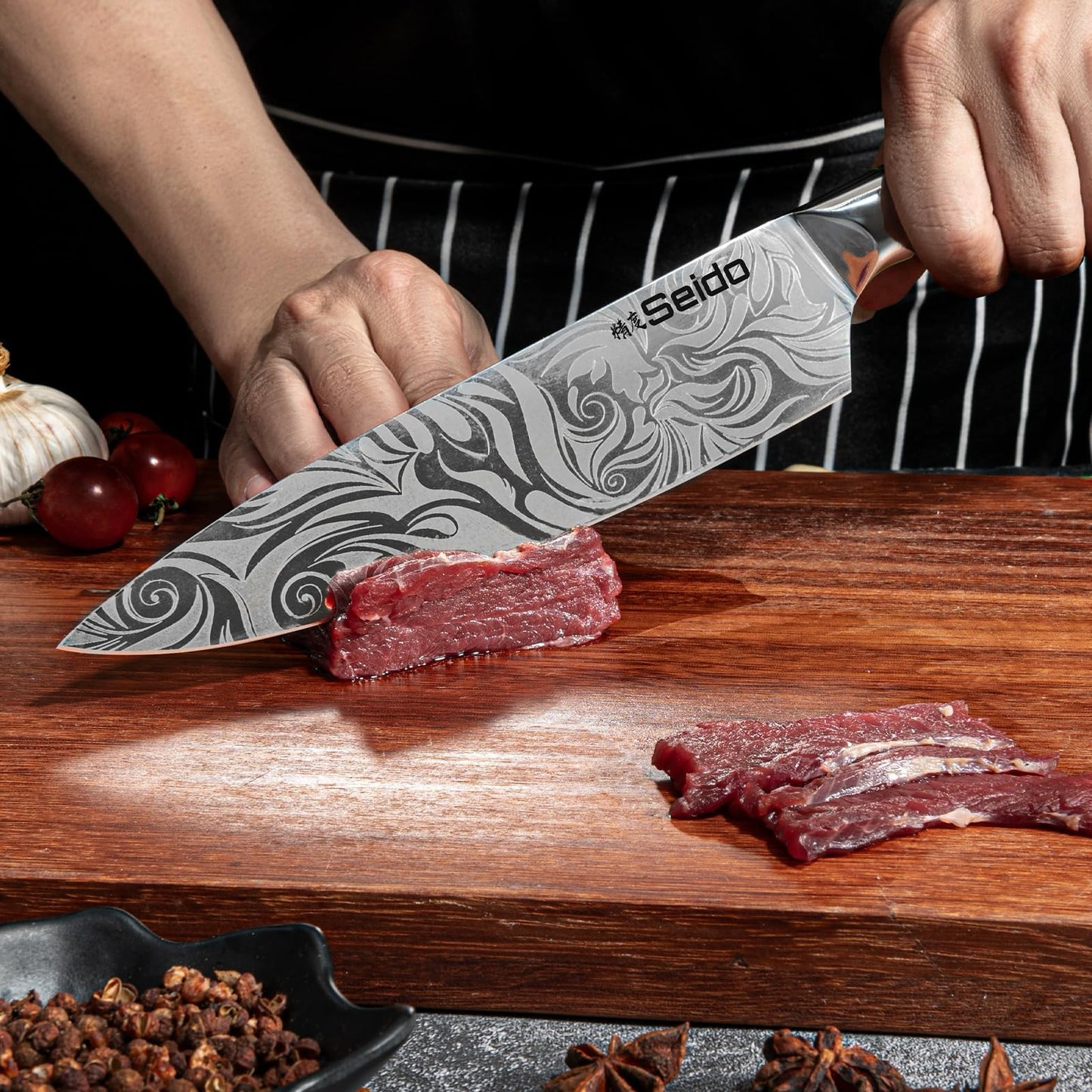Seido Knives Tengoku Green 8-Piece Chef Knife Set – High-Carbon Stainless Steel Japanese Kitchen Knives, Professional Balanced Knife Set