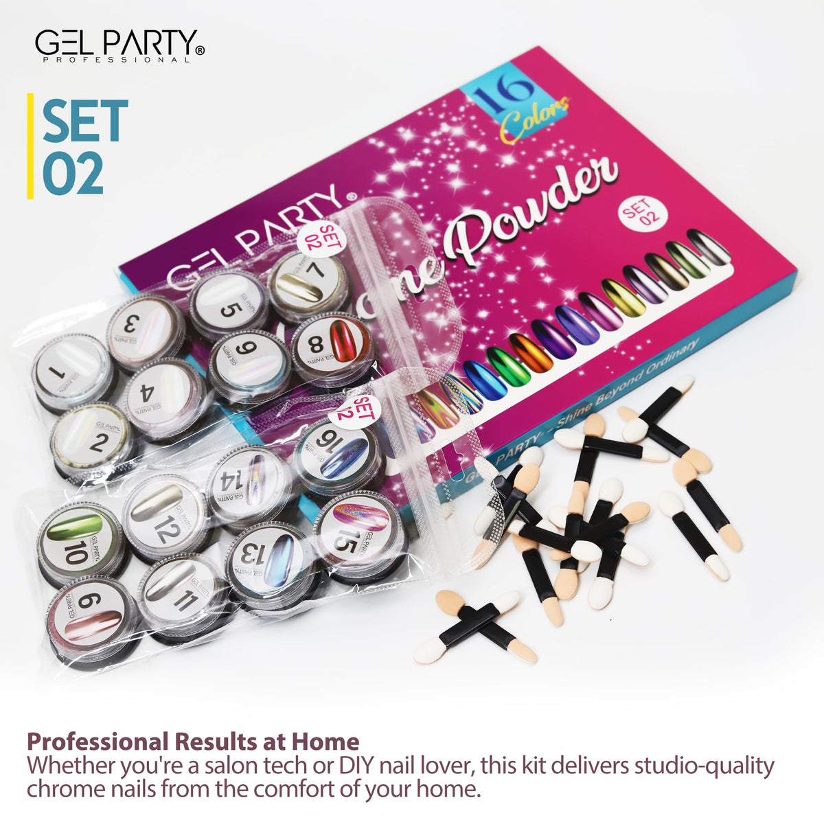 GELPARTY 16 Colour Chrome & Holographic Nail Powder Kit – Mirror-Effect Metallic Nail Art Pigment Set for UV/LED Gel Nails, Professional DIY Home Salon Finish