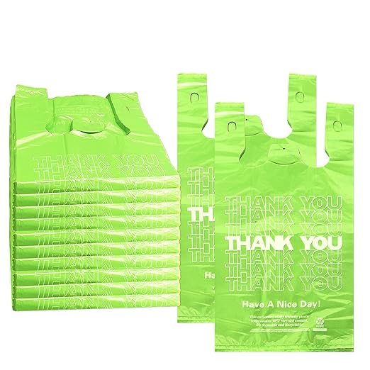 YoYoRain 1000 Pack âThank Youâ T-Shirt Bags â Green Plastic Shopping Bags with Handles, Reusable & Disposable, for Takeout, Retail, Grocery, Small Business