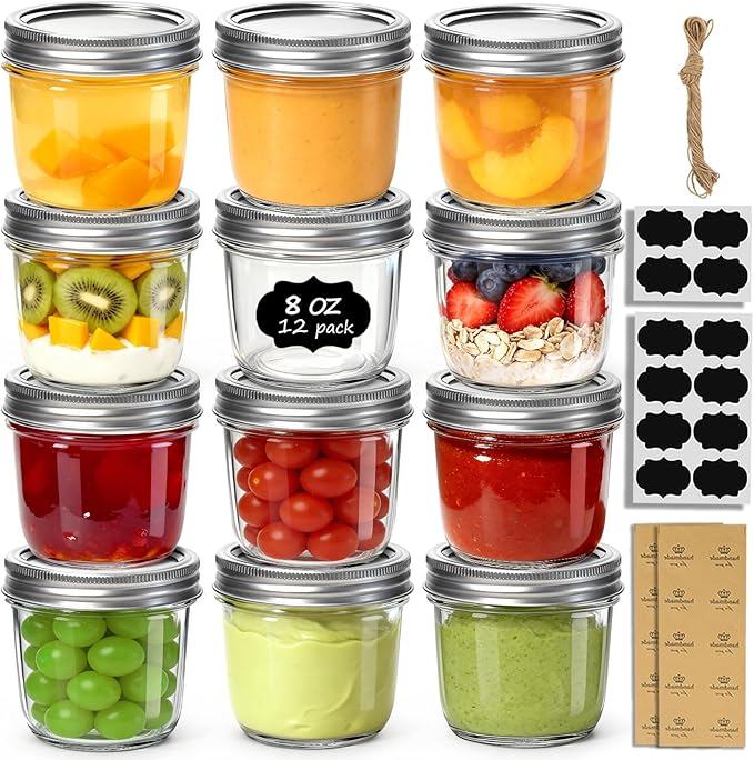 ComSaf 8 oz Wide Mouth Mason Jars, 12Pcs Glass Jars for Home Cooks Making Jam and Jelly, and Crafters Creating DIY Candles and Party Favors, Canning Jar with Lids and Ringsï¼Includes Labels & Twine