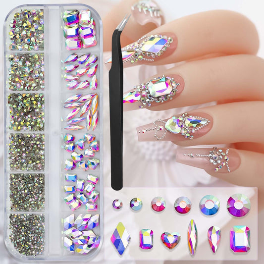 AB Crystal Nail Charms 3D Nail Gems Clear Flatback Nail Jewels Multi Shape Size Diamonds Nail Rhinestones Iridescent Mixed Size Round Hearts Crystals Gems for DIY Nails Faces Makeup Crafts 12Grid