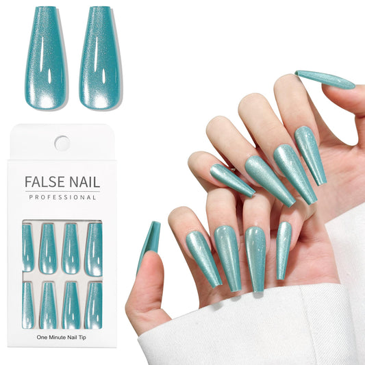 Sky Blue Cat Eyes Press On Nails,12 Sizes - 24 Pcs Soft Gel Blue Long Coffin Fake Nails Kit with Nail Glue, Natural Reusable Stick On False Nails for Women and Girls SK1048