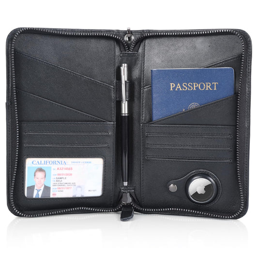 Polare Napa Leather Passport Holder Cover Case for Men and Women RFID Blocking Family Travel Wallet Holds 6 Passports (Black with AirTag Slot)