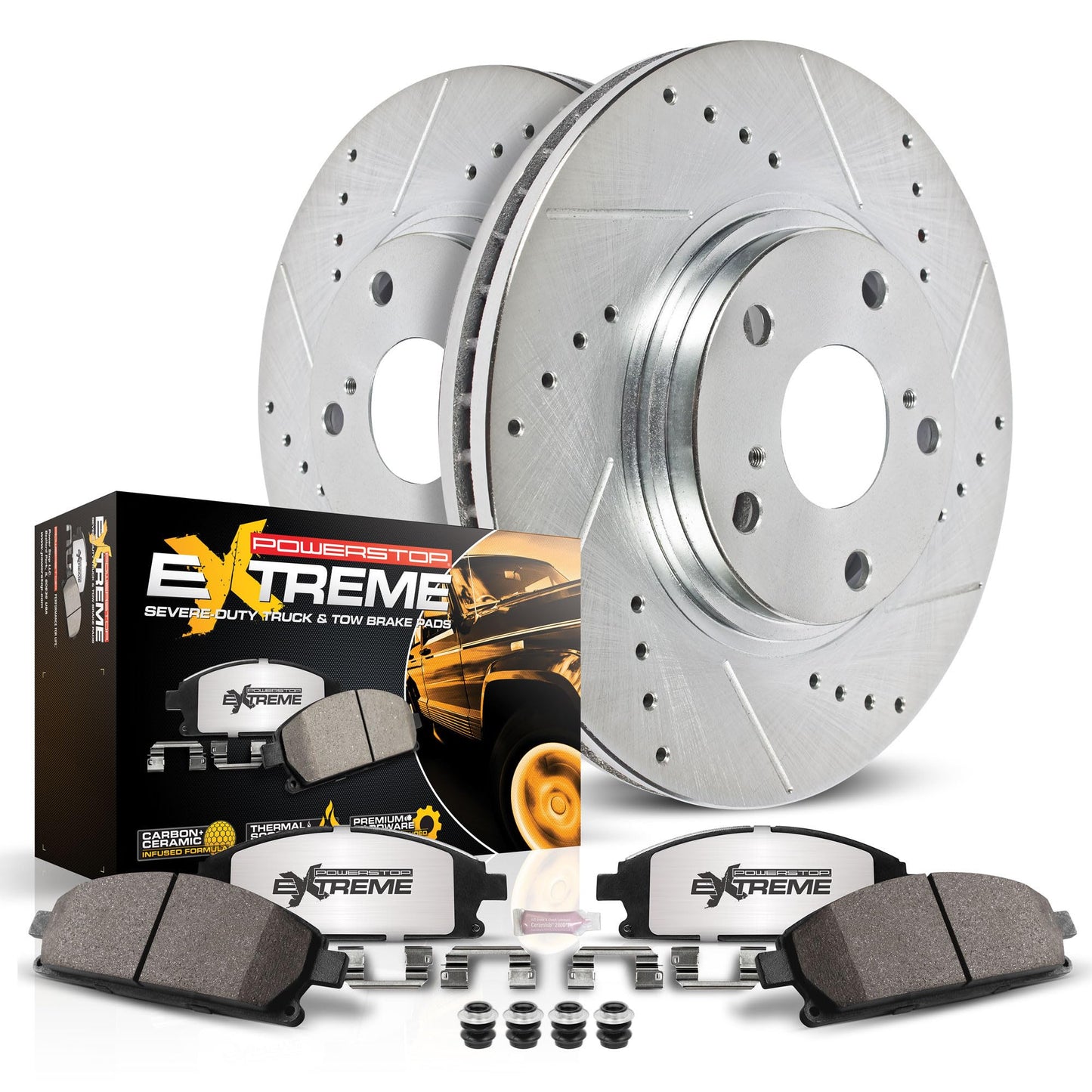 PowerStop Front Brake Kit For Cadillac Escalade 2008-20 |Chevrolet Silverado 1500 2007-18 |Tahoe 2008-20 - Truck & Tow Carbon Fiber Ceramic Brake Pads + Drilled & Slotted Rotors Upgrade, K2069-36