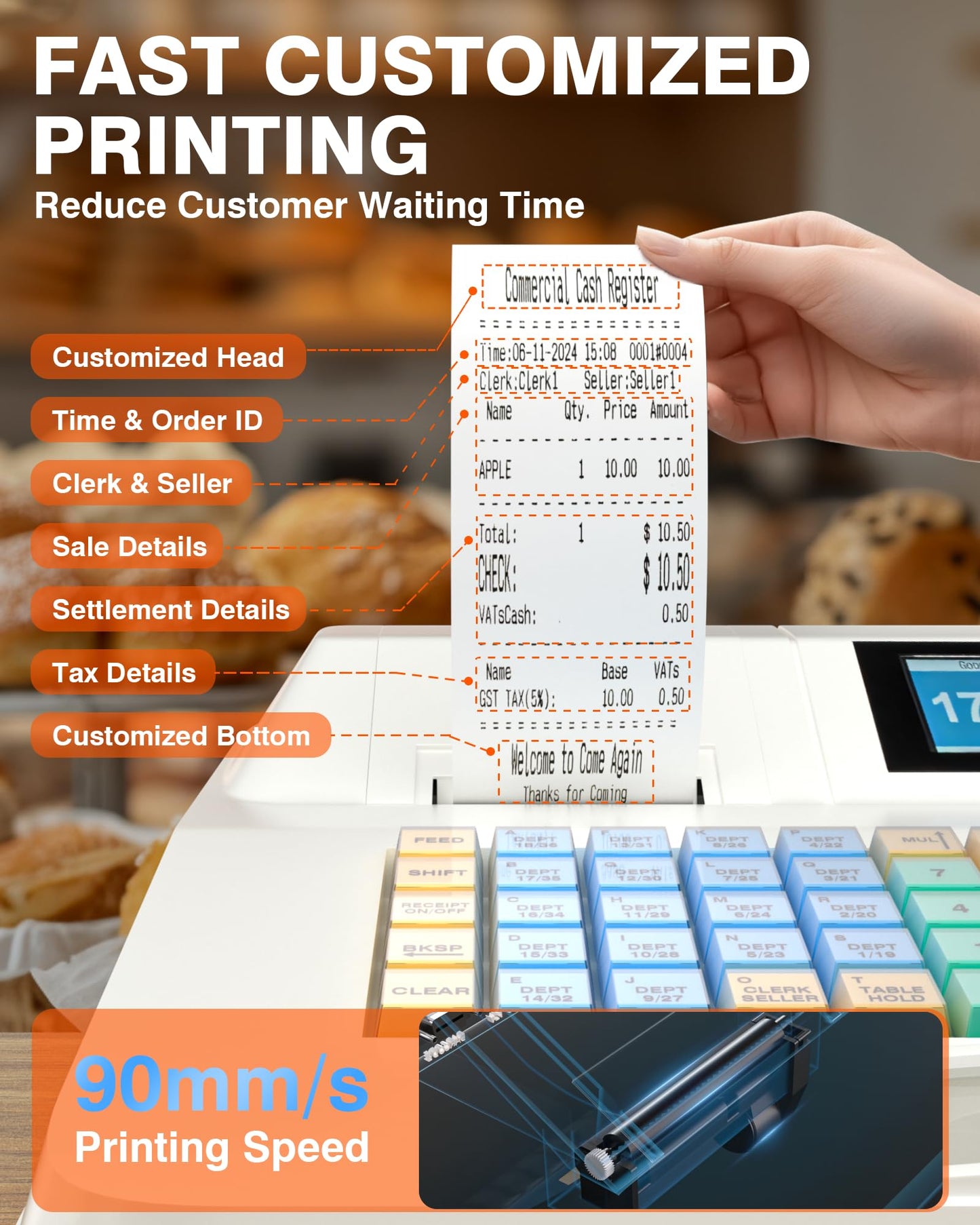 PYY Cash Register for Small Businesses - Commercial Electronic Caja Registradora para Negocio with Lock Cash Drawer Box, 8 Digital Dual Display, 48 Keys, System for Restaurant Supermarket White