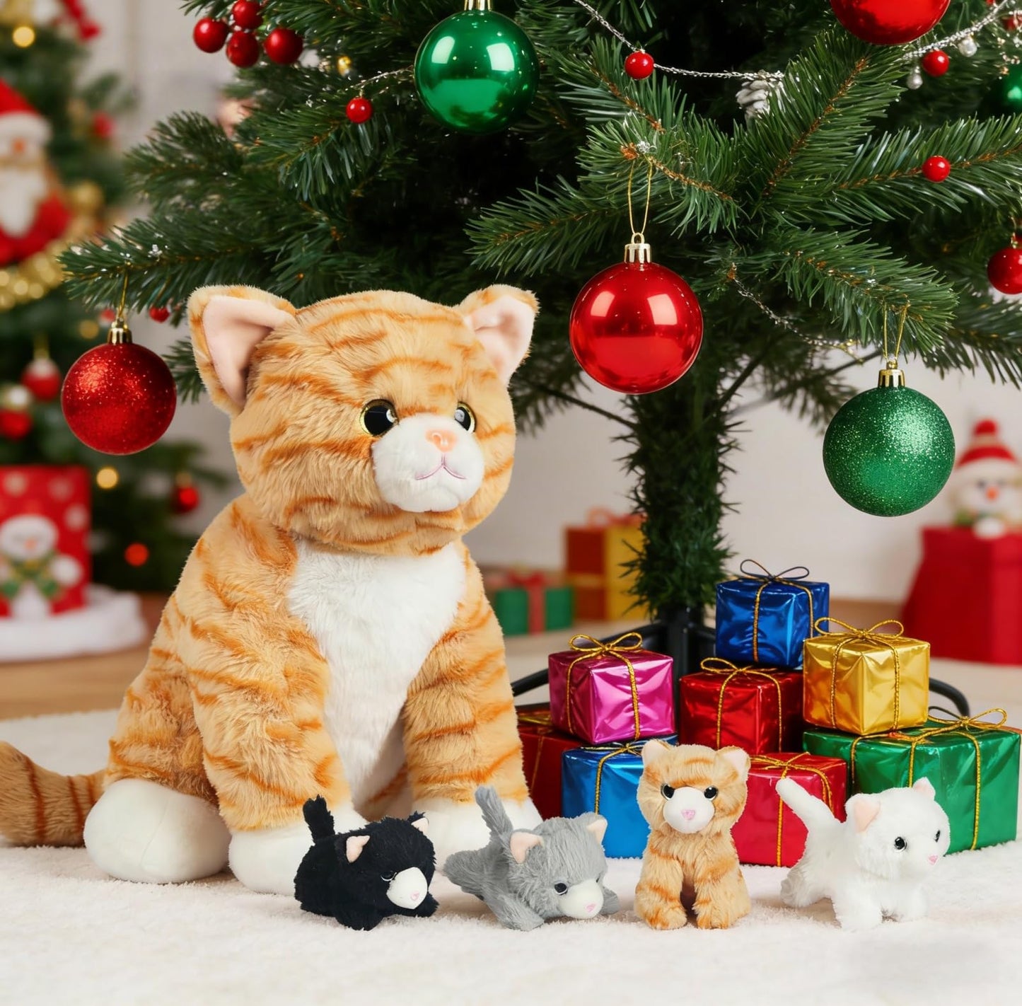 5 Pieces Cat Stuffed Animal with Babies Inside Belly 1 Mommy Stuffed Cat Toy with 4 Baby Plush Kittens, Orange Tabby Cat Plush Stuffed Kitty Plush Toys for Kids Birthday Party Favors Surprise Gifts