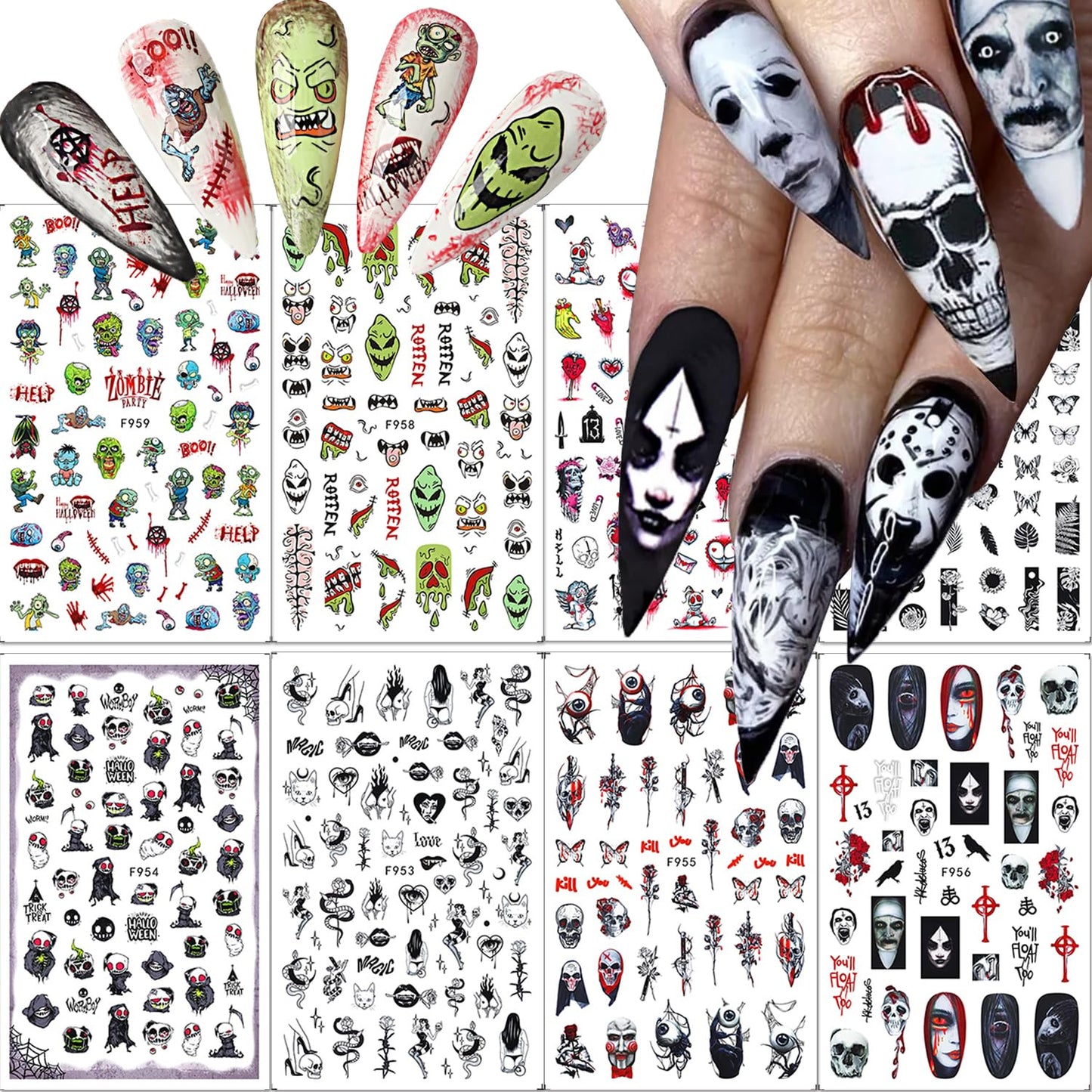 8 Sheets Halloween Nail Art Stickers 3D Punk Goth Nail Decals Evil Skull Rose Snake Nail Designs Sticker Self-Adhesive Halloween Nail Art Supplies Horror Zombie Nail Decorations for Women Manicure