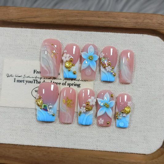 TENPAL Squoval Press on Nails - Blue Pink Ombre with 3D Floral Shell Relief | Reusable Icy Glossy Fake Nails with Tools | Everyday Elegant French Ocean Sky Blue Glue on Nails for Women Girls(S）