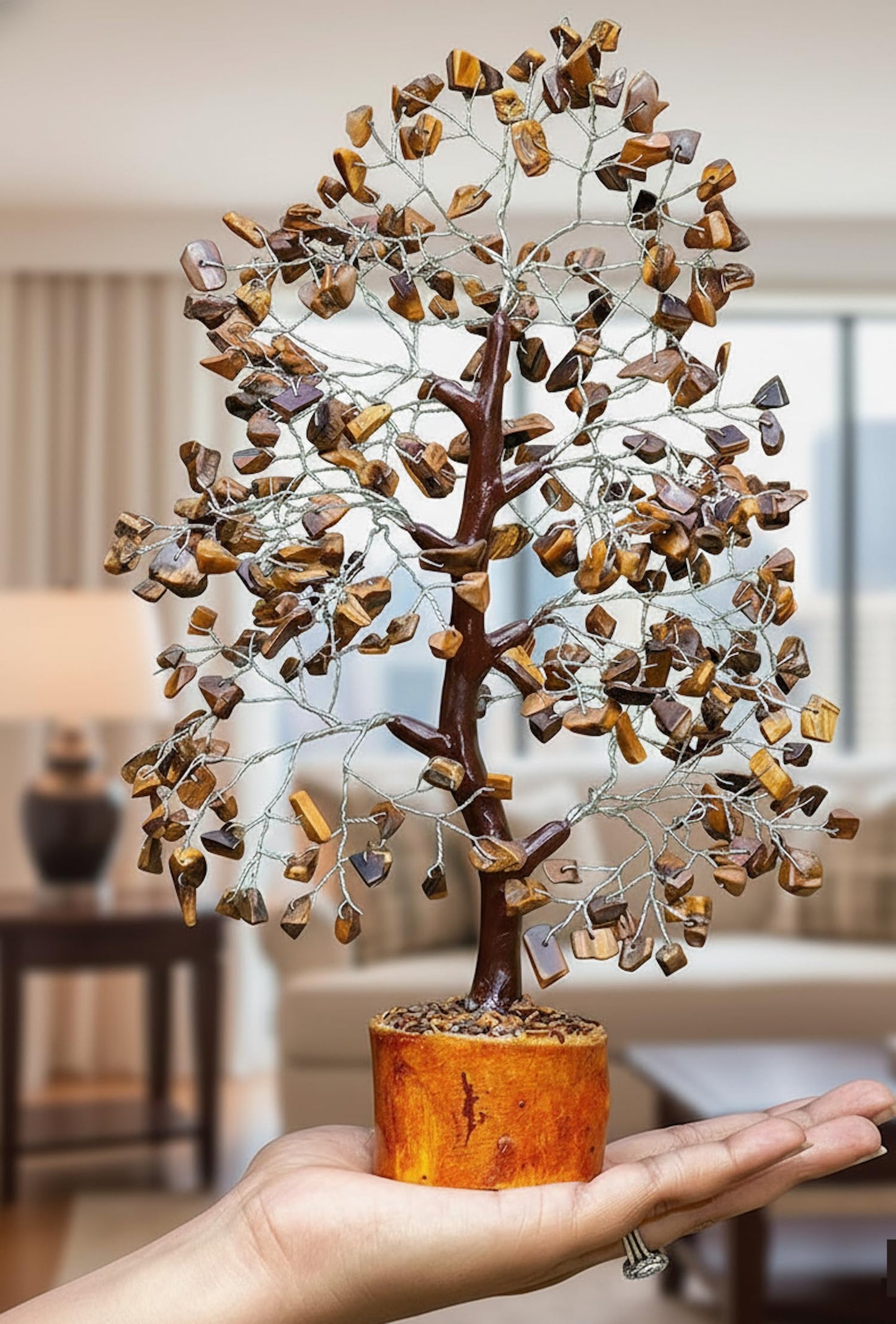 Crystal Tree of Life - tiger eye silver Healing Crystal for Home & Office Decor | Handmade Gemstone Money Tree for Positive Energy, Good Luck & Wealth | Spiritual Birthday Gift for Women & Mom