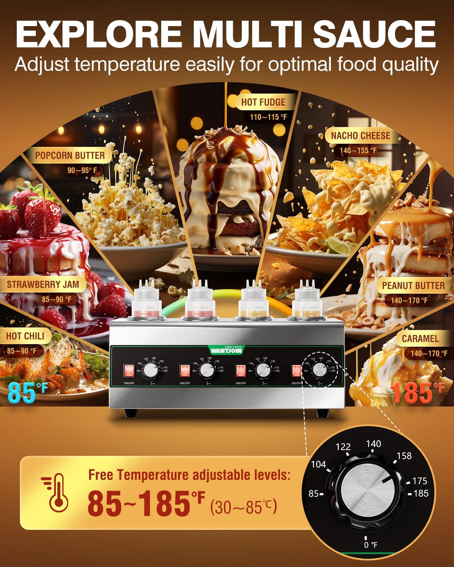 WantJoin Electric Sauce Warmer Dispenser, Countertop Stainless Steel Sauce Heat Preservation Machine 640W Hot Fudge Nacho Cheese Ketchup Chocolate Warmer for Commercial with 650ml Squeeze Bottle*4