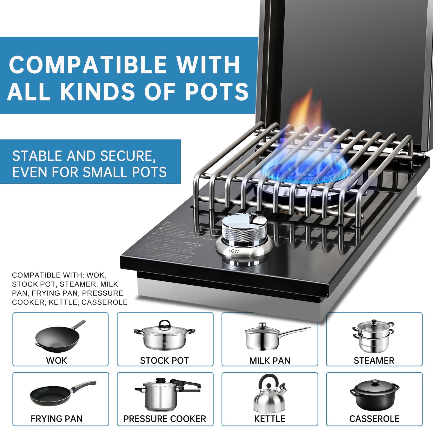 Built-in Single Side Grill Burner with Cover, Black 304 Stainless Steel Side Burner for Outdoor Kitchen, Propane & Natural Gas, Outdoor BBQ for Family Patio Parties