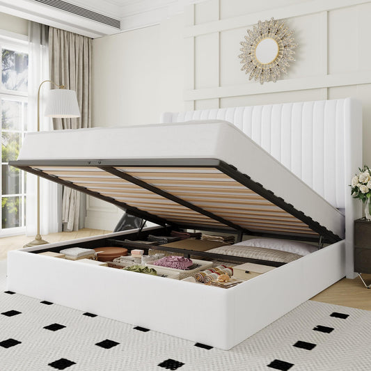 Allewie Queen Size Lift Up Storage Bed Frame, Hydraulic Support System, Upholstered Platform Bed Frame, Underneath Storage, Vertical Channel Tufted Headboard with Wingback, No Box Spring Needed, White