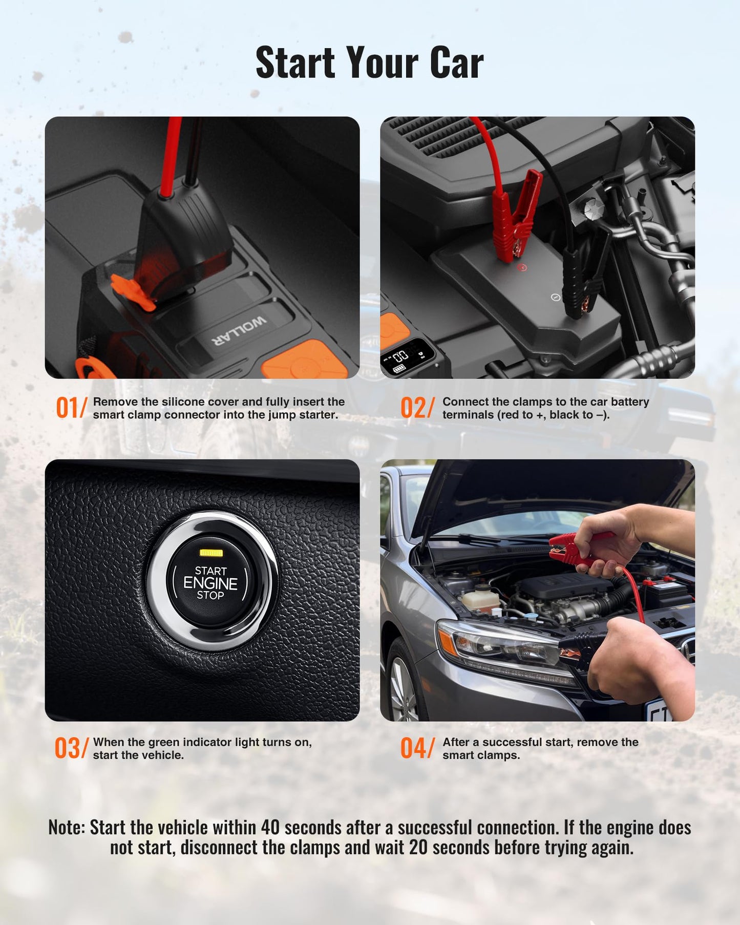 WOLLAR 4000A Jump Starter with 160PSI Air Compressor - Car Battery Jumper Starter, 88.8Wh Portable Tire Inflator, 12V Jump Box, 24000mAh Powerbank, Dual Flashlight for 8.5L Gas & 7.5L Diesel Engines