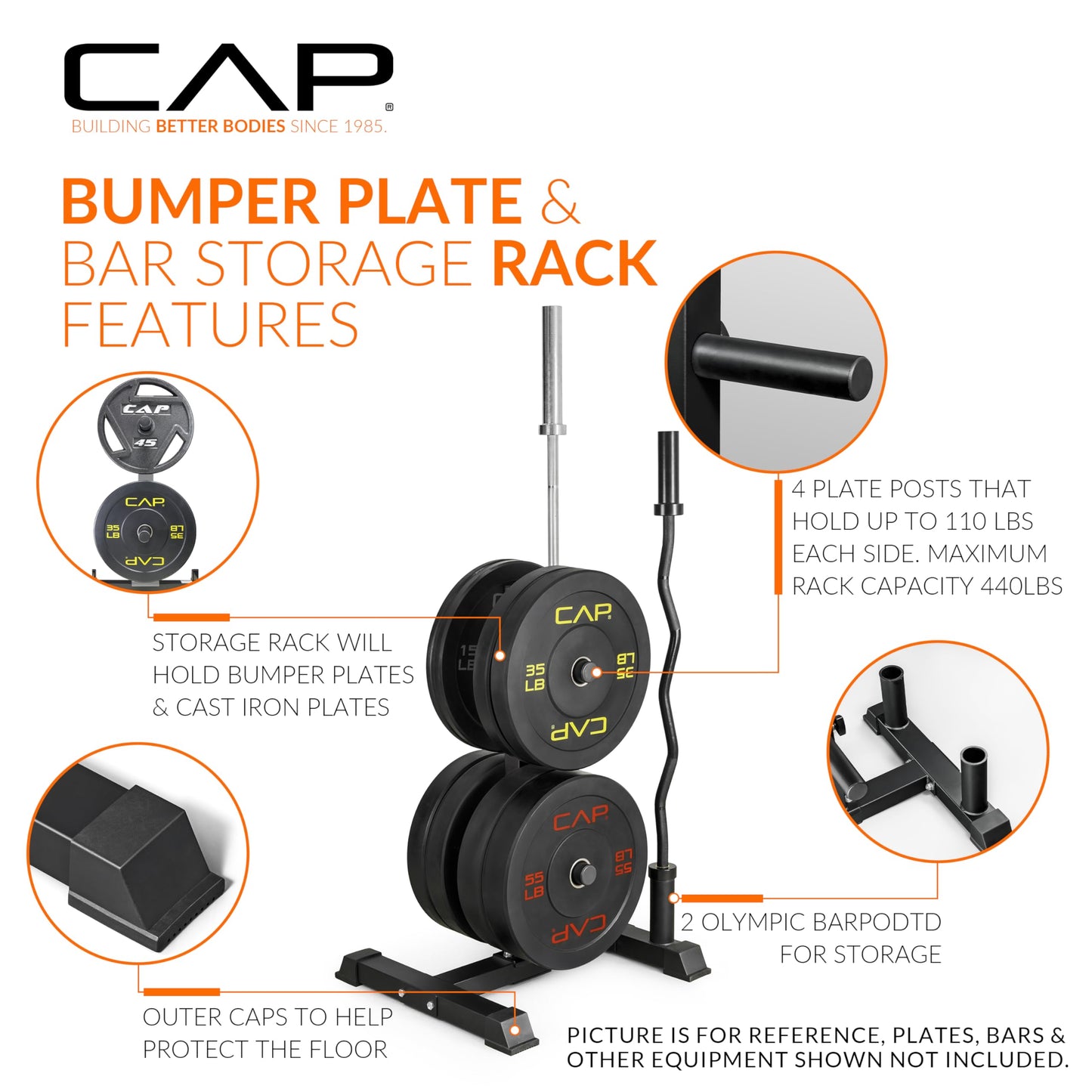 CAP Barbell Olympic Bumper Plate Tree Rack with 4 Weight Plate Posts and 2 Barbell Storage Holders – Heavy-Duty Steel Gym Organizer for Olympic Plates and Bars - Gray