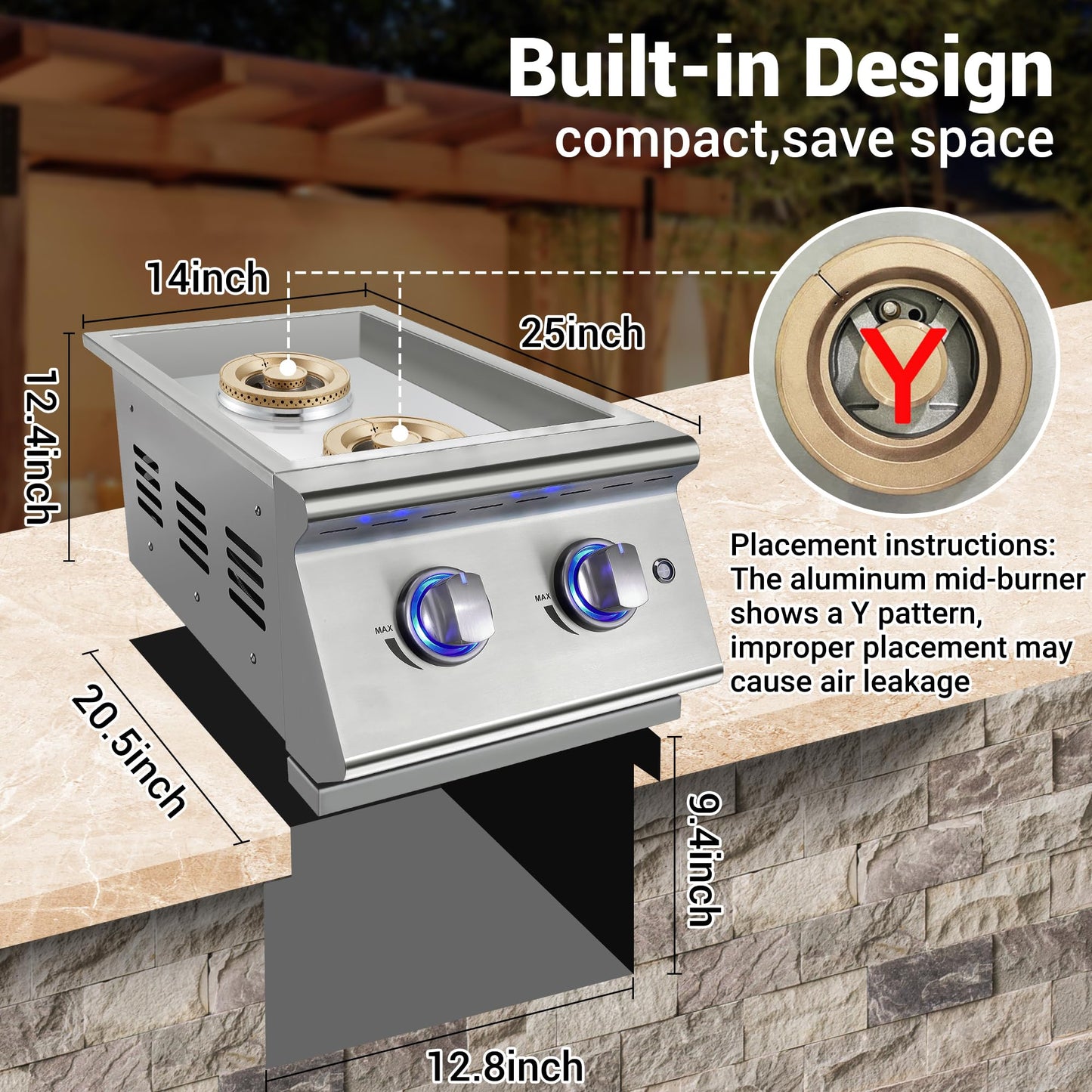Livory Double Grilling Side Burners for Outdoor Kitchen, 2 * 17,000BTU Liquid Propane Burners, Convertible to Natural Gas, Duty Heavy 304 Stainless Steel, Built-in Side Burner for BBQ Island Grill